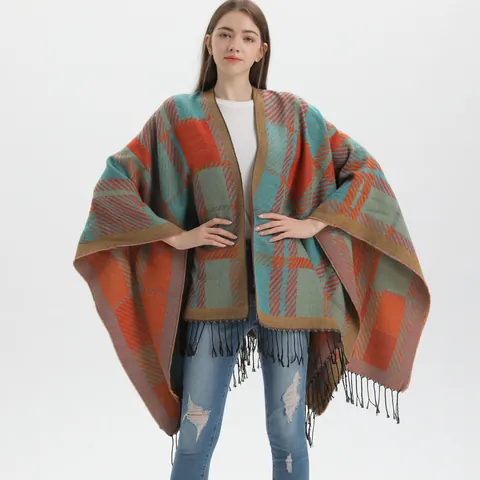 Women Classic Plaid Poncho Shawl Soft Warm Scarf With Fringe Tassel Split Front Oversized Knitted Cape For Winter Autumn
