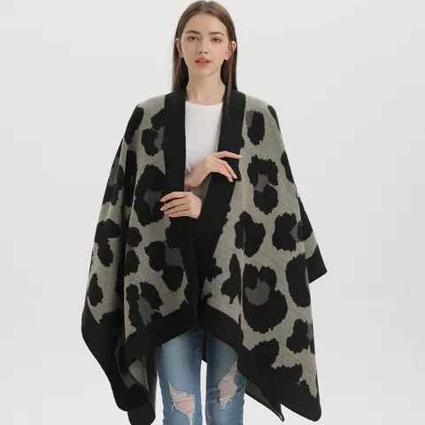 Women Leopard Print Oversized Shawl Scarf Poncho Imitation Cashmere Split Front Thick Warm Winter Wrap Catwalk Cape
