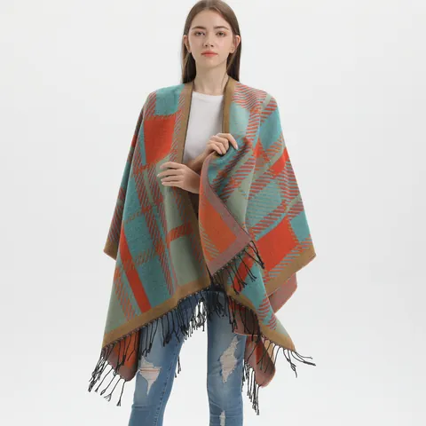Women Classic Plaid Poncho Shawl Soft Warm Scarf With Fringe Tassel Split Front Oversized Knitted Cape For Winter Autumn
