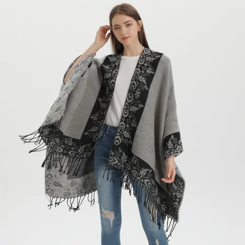 Damen Vintage Tribal Blumen Poncho Schal Mit Quasten Acryl Polyester Mischung Warmer Vorne Offener Cape Cardigan Winter Wickeltuch
