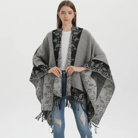 Damen Vintage Tribal Blumen Poncho Schal Mit Quasten Acryl Polyester Mischung Warmer Vorne Offener Cape Cardigan Winter Wickeltuch