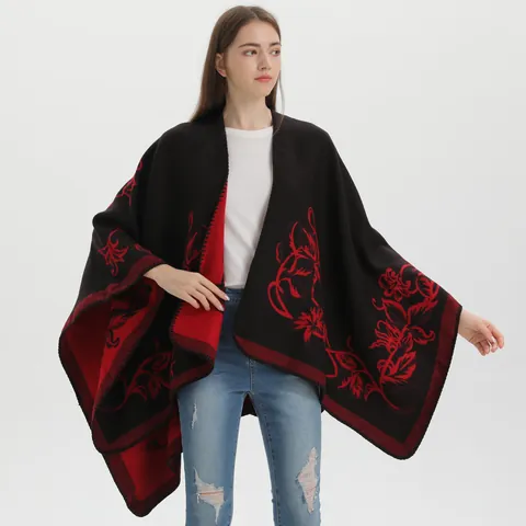 Women's Cashmere-like Jacquard Shawl Poncho Elegant Floral Pattern Open Front Thickened Winter Warm Wrap For Lady Accessories