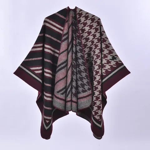 Damen Vintage Hahnentritt Poncho Schal Verdickte Kaschmir-Imitat Strickschal Umhang Vorne Offener Cardigan Mantel Für Den Winter