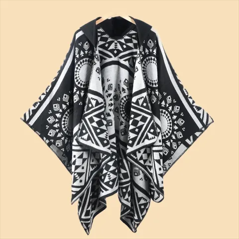 Women Hooded Poncho Cloak Ethnic Geometric Pattern Split Front Tassel Shawl Bohemian Warm Jacquard Knit Wrap Coat