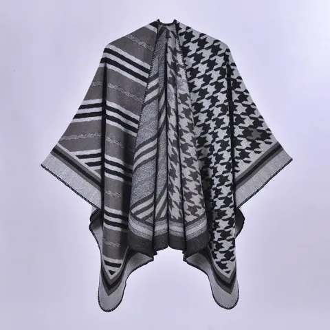 Damen Vintage Hahnentritt Poncho Schal Verdickte Kaschmir-Imitat Strickschal Umhang Vorne Offener Cardigan Mantel Für Den Winter