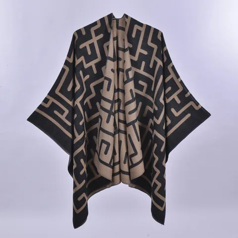 Women Faux Cashmere Reversible Poncho Shawl Geometric Maze Wide Striped Warm Cape Wrap With Tassel Fringe For Autumn Winter