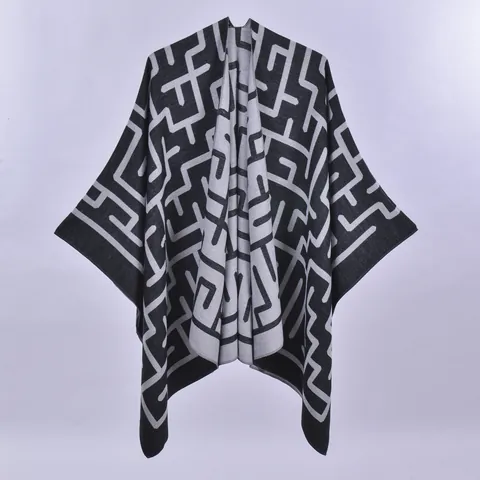 Women Faux Cashmere Reversible Poncho Shawl Geometric Maze Wide Striped Warm Cape Wrap With Tassel Fringe For Autumn Winter