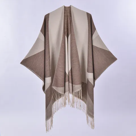 Mantella Poncho da Donna Retro Etnica Geometrica con Nappine in Maglia di Acrilico Poliestere a Blocchi di Colore Aperta Davanti