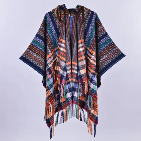 Women's Bohemian Hooded Poncho Shawl Colorful Plaid Geometric Knit Tassel Cape Warm Outerwear For Travel Vacation