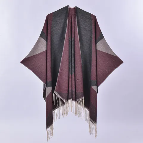 Mantella Poncho da Donna Retro Etnica Geometrica con Nappine in Maglia di Acrilico Poliestere a Blocchi di Colore Aperta Davanti