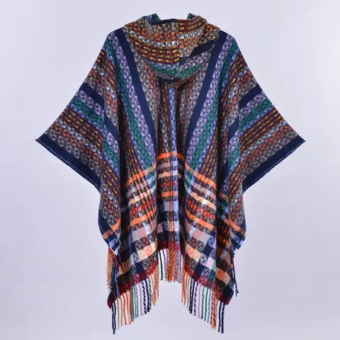 Women's Bohemian Hooded Poncho Shawl Colorful Plaid Geometric Knit Tassel Cape Warm Outerwear For Travel Vacation