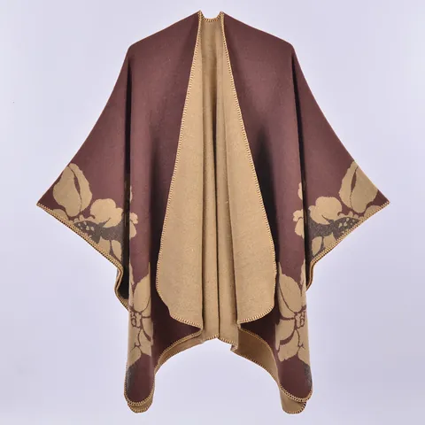 Mantella Poncho da Donna Vintage Floreale in Finto Cashmere Double Face Jacquard Aperto Davanti Sciarpa Calda Invernale Mantello