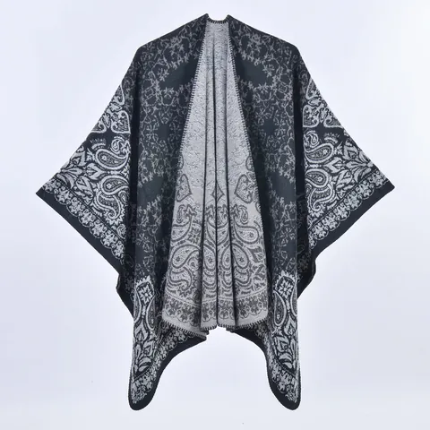 Scialle Poncho da Donna Vintage Paisley Reversibile Caldo Aperto Davanti Mantella Cardigan Motivo Etnico Sciarpa per Autunno Inverno