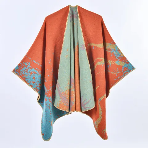 Women's Vintage Jacquard Imitation Cashmere Shawl Cloak Thickened Warm Botanical Starry Pattern Open Front Cape For Winter