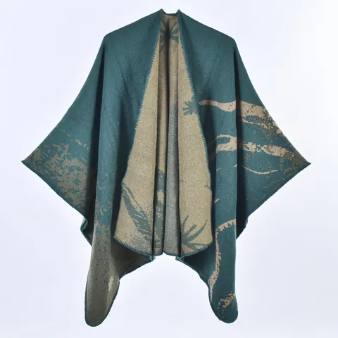 Women's Vintage Jacquard Imitation Cashmere Shawl Cloak Thickened Warm Botanical Starry Pattern Open Front Cape For Winter