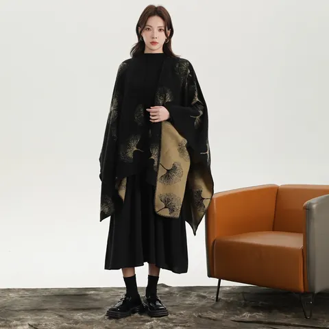 Scialle Poncho a Maglia Vintage da Donna Simil-Cashmere Motivo Foglia di Ginkgo Paisley Mantella Double Face per Autunno Inverno Viaggio