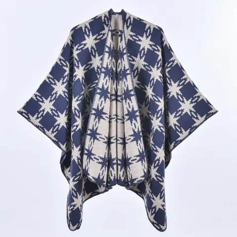 Women Vintage Geometric Star Pattern Knit Shawl Poncho 50% Acrylic 50% Polyester Faux Cashmere Split Hem Open Front Cape