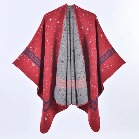 Dames Dubbelzijdige Split Poncho Cape Gebreid Geometrisch Sterrenhemel Patroon Dik Warm Kasjmierachtig Sjaal Cardigan Mantel