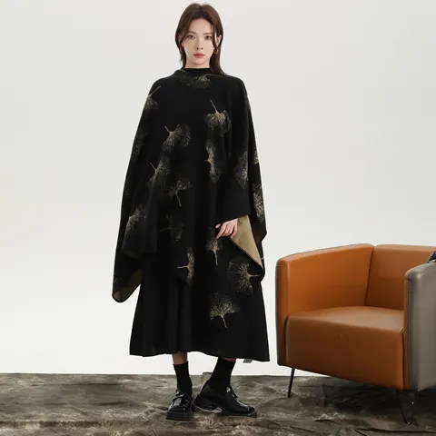 Scialle Poncho a Maglia Vintage da Donna Simil-Cashmere Motivo Foglia di Ginkgo Paisley Mantella Double Face per Autunno Inverno Viaggio