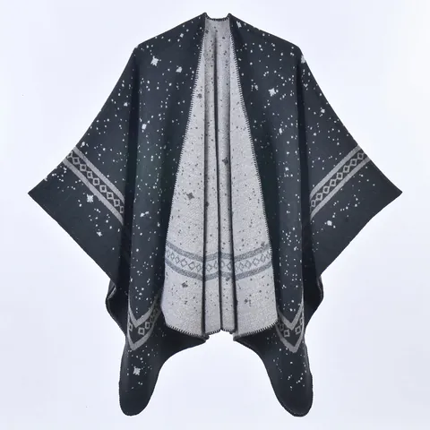 Women Double Sided Split Poncho Cape Knit Geometric Starry Sky Pattern Thick Warm Cashmere Like Shawl Cardigan Cloak