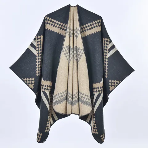 Women Vintage Geometric Diamond Pattern Poncho Shawl Imitation Cashmere Acrylic Polyester Split Knit Warm Wrap Cape