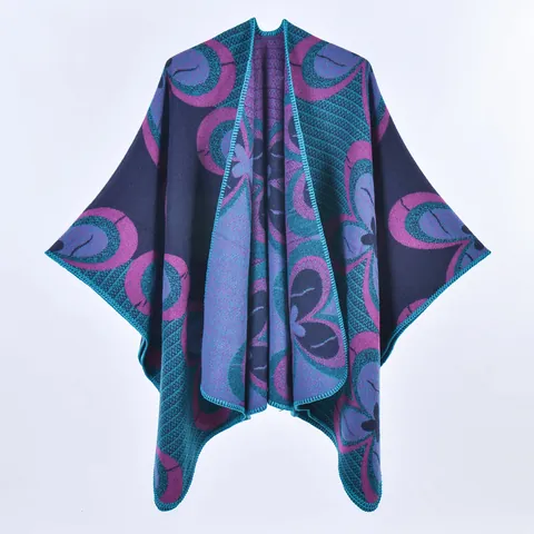 Châle Femme Épaissi Chaud Imitation Cachemire Cape Vintage Jacquard Floral Gilet Ouvert Enveloppant pour Bureau Voyage