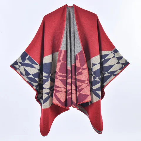 Châle Poncho en Tricot à Motifs Géométriques Vintage pour Femmes Cape Chaude en Cachemire Imitation Cardigan Ouvert