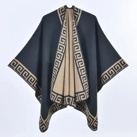 Scialle Poncho da Donna Vintage con Motivo Greca Geometrica Simil Cashmere Ispessito Doppia Faccia Cape in Maglia Cappotto