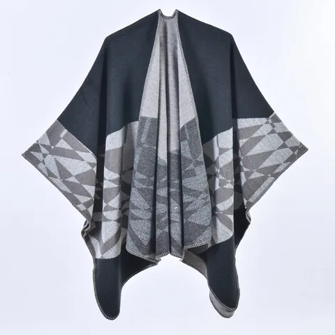 Châle Poncho en Tricot à Motifs Géométriques Vintage pour Femmes Cape Chaude en Cachemire Imitation Cardigan Ouvert