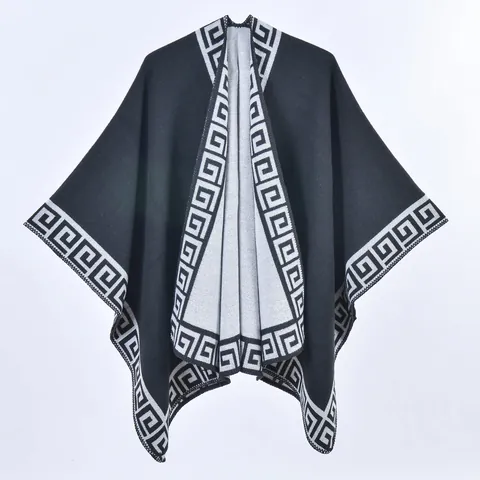 Scialle Poncho da Donna Vintage con Motivo Greca Geometrica Simil Cashmere Ispessito Doppia Faccia Cape in Maglia Cappotto