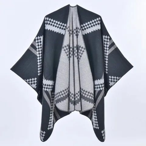 Women Vintage Geometric Diamond Pattern Poncho Shawl Imitation Cashmere Acrylic Polyester Split Knit Warm Wrap Cape