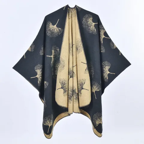 Women's Ginkgo Leaf Landscape Faux Cashmere Reversible Shawl Poncho Knit Warm Wrap Large Cape For Winter Travel Outerwear