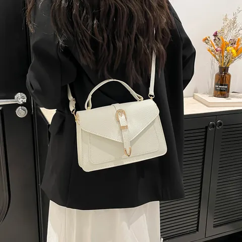 Women Litchi Grain PU Leather Crossbody Bag Fashion Simple Flap Handbag Top Handle Adjustable Strap Elegant Small Square Bag