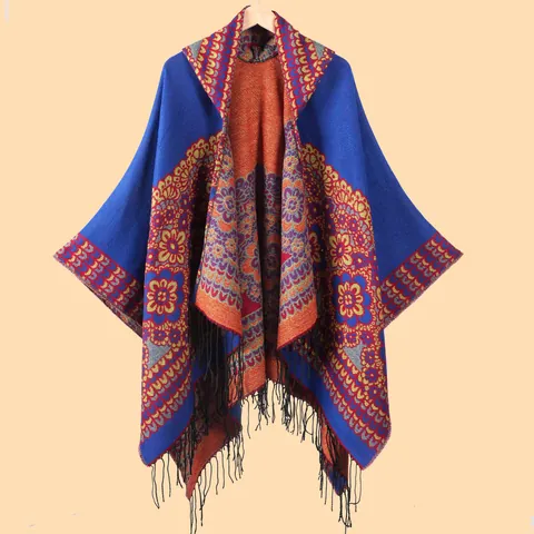 Damen Böhmisch Kapuzen Schal Poncho Strick Kaschmir-Imitat Cardigan Quasten Blumenmuster Vintage Warmer Umhang