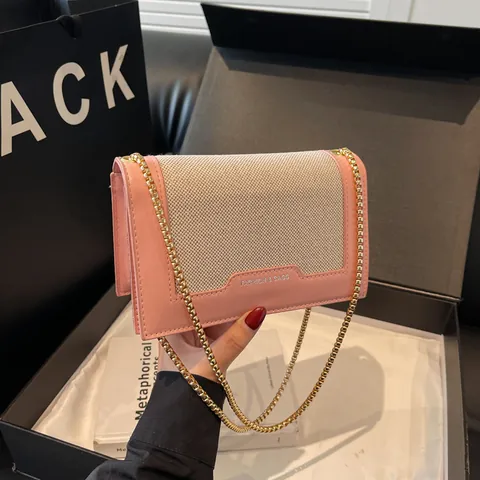 Sac Bandoulière Femme Patchwork en Cuir PU et Toile Minimaliste Urbain Avec Chaîne en Métal Doré Sac Carré à la Mode