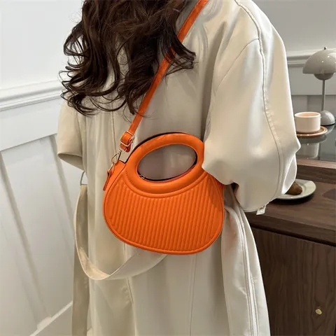 Women Fashion Ribbed Texture Half Moon Bag Solid Color PU Leather Hollow Handle Crossbody Bag Stylish Small Handbag