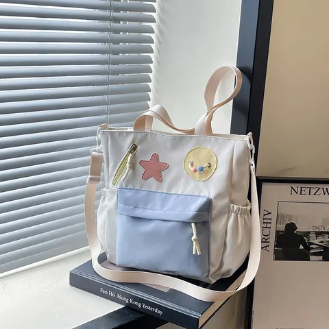 Bolso Tote de Nailon para Mujeres Niños Bloques de Color Parche Estrella Correa Ajustable Bolso de Hombro para Escuela Diario