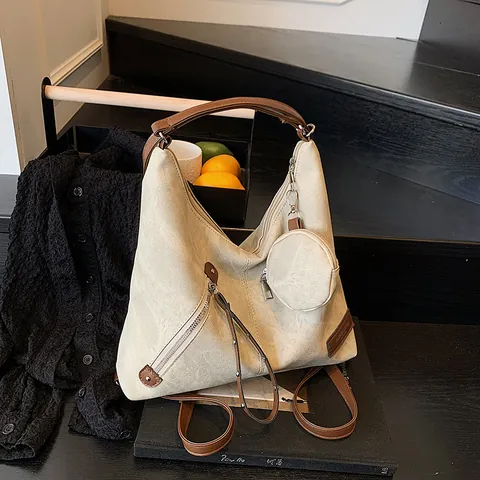 Vintage Scrub PU Leather Hobo Shoulder Bag For Women Large Capacity Tote Bag And Round Coin Pouch Casual Commute Handbag
