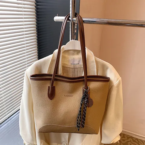 Sac Cabas Vintage Grande Capacité pour Femme Cuir PU Minimaliste Grain de Litchi Sac à Épaule Retro Mode Petit Sac à Main