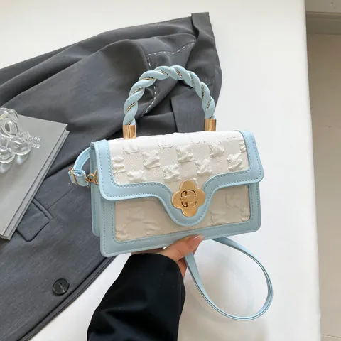 Sac Bandoulière Femme en Cuir PU Poignée Torsadée Boucle Fleur Gauffré Petit Sac Carré Sac à Main Décontracté