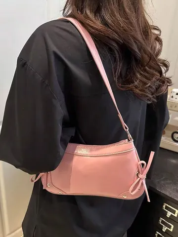 Bolso de Axila de Cuero PU de Patente Retro para Mujer Con Decoración de Lazo y Remache Moda Brillante Color Sólido Bolso de Hombro