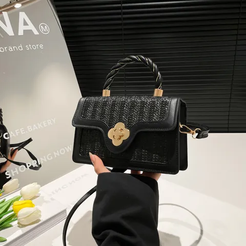 Sac Bandoulière Femme en Cuir PU Tressé Petit Sac à Main Carré Avec Fermoir Fleur Poignée Torsadée Bandoulière Quotidien