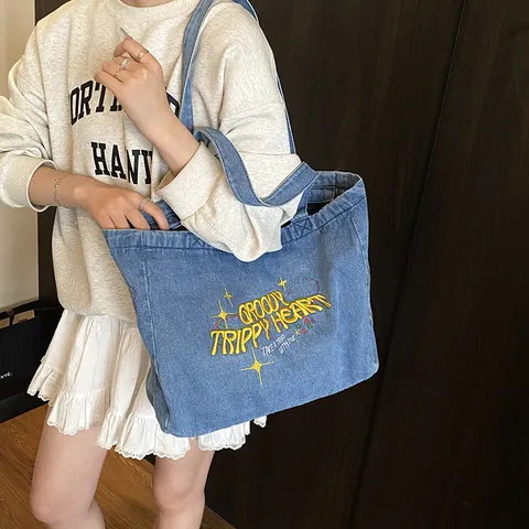 Borsa Tote in Denim Vintage da Donna Grande Capacità Ricamo Groovy Trippy Heart Motivo a Lettere Borsa a Tracolla in Denim Scuola Pendolare