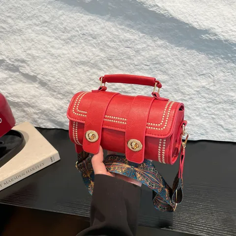 Vintage Barrel Crossbody Bag Women Rivet PU Leather Double Twist Lock Wide Bohemian Printed Strap Retro Shoulder Bag