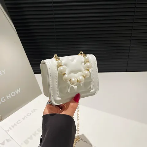 Women Fashion Heart Quilted Mini Handbag Pearl Handle Chain Strap Synthetic Leather Shoulder Crossbody Bag