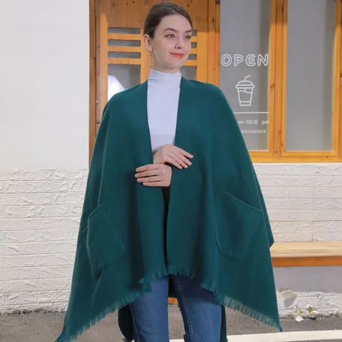 Damen Kaschmir-Imitat Poncho Schal Mit Taschen Fransen Einfarbig Offene Front Wrap Strickjacke Warmer Winterumhang