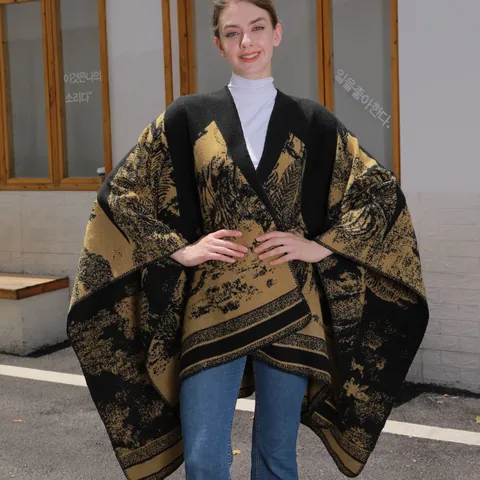 Dames Vintage Verdikte Imitatie Kasjmier Poncho Boslandschap Jacquard Open Voorzijde Sjaal Met Franje Voor Winter Reizen