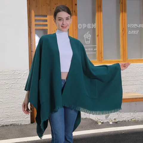 Damen Kaschmir-Imitat Poncho Schal Mit Taschen Fransen Einfarbig Offene Front Wrap Strickjacke Warmer Winterumhang