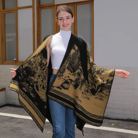 Dames Vintage Verdikte Imitatie Kasjmier Poncho Boslandschap Jacquard Open Voorzijde Sjaal Met Franje Voor Winter Reizen