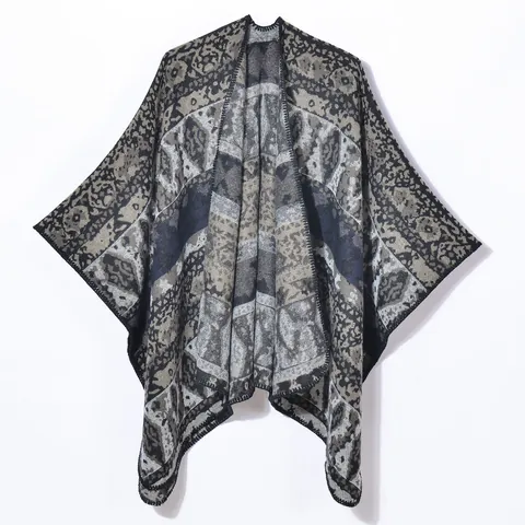 Vintage Geometric Rhombic Poncho Shawl For Women Bohemian Ethnic Knit Cape Open Front Split Warm Winter Cardigan Wrap